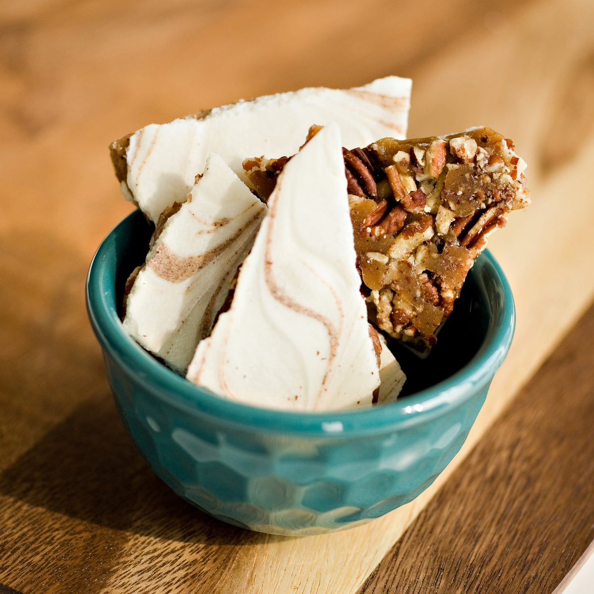 Utoffeea Holiday Spice Toffee with pecans and white chocolate cinnamon swirl