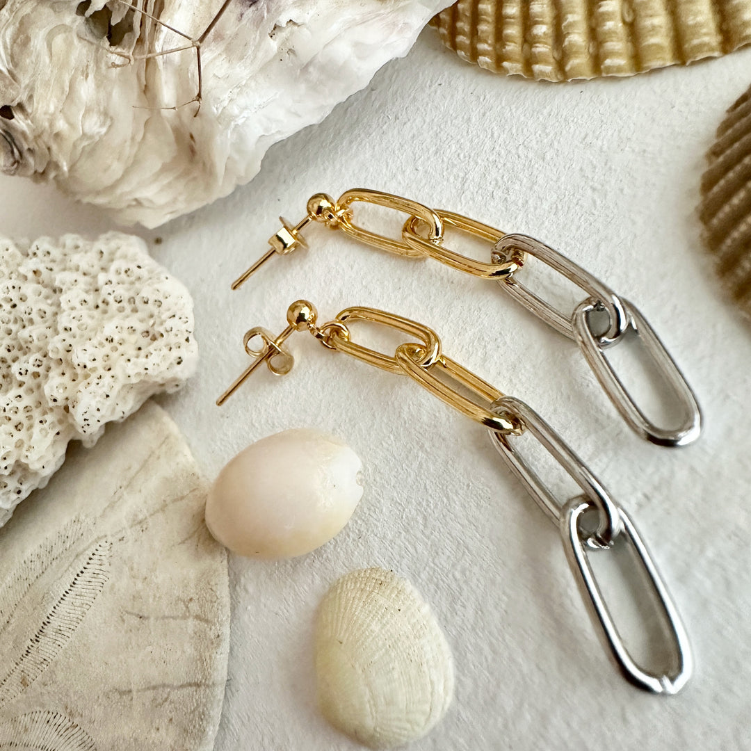 Montmartre paperclip chain drop stud earrings in two-tone
