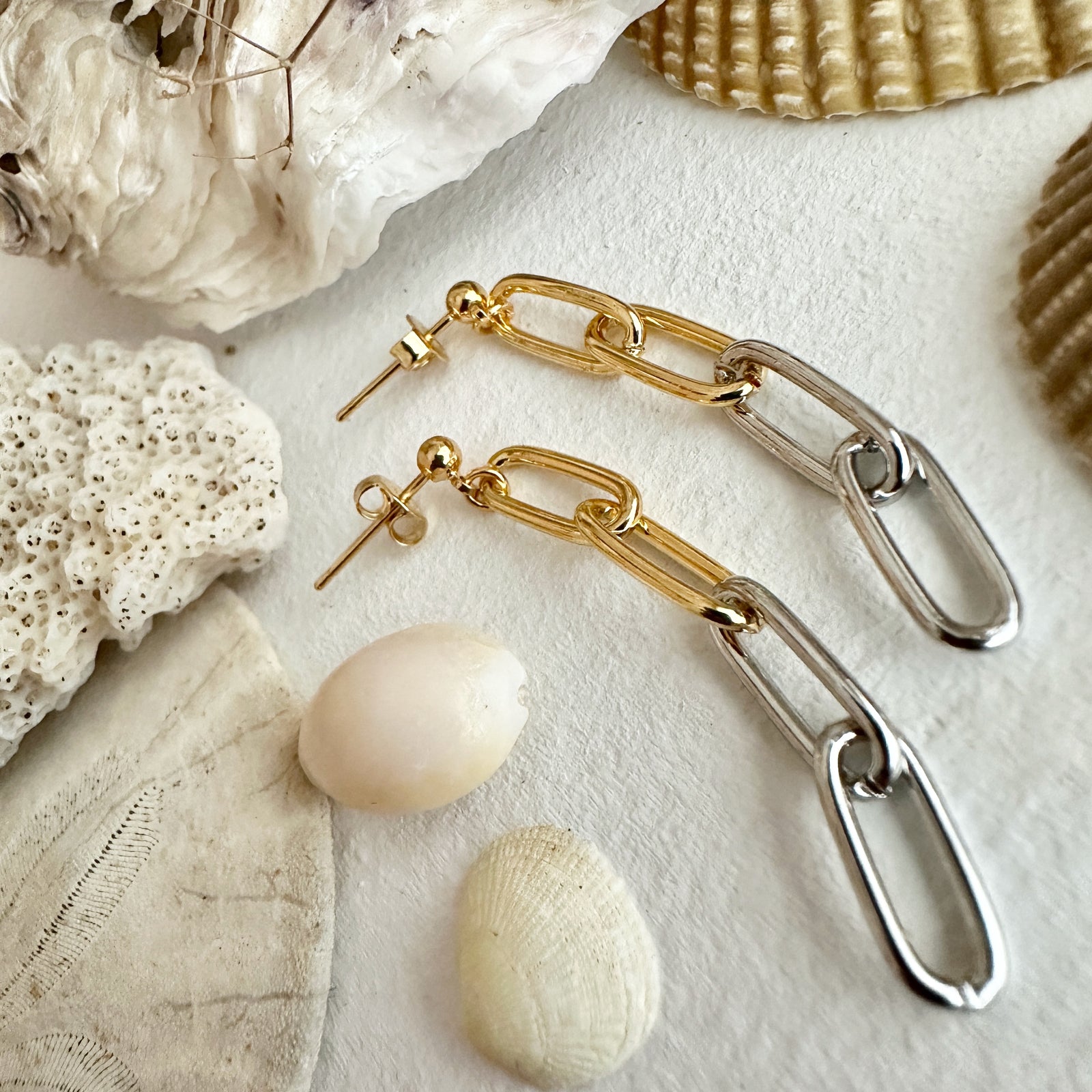 Montmartre paperclip chain drop stud earrings in two-tone