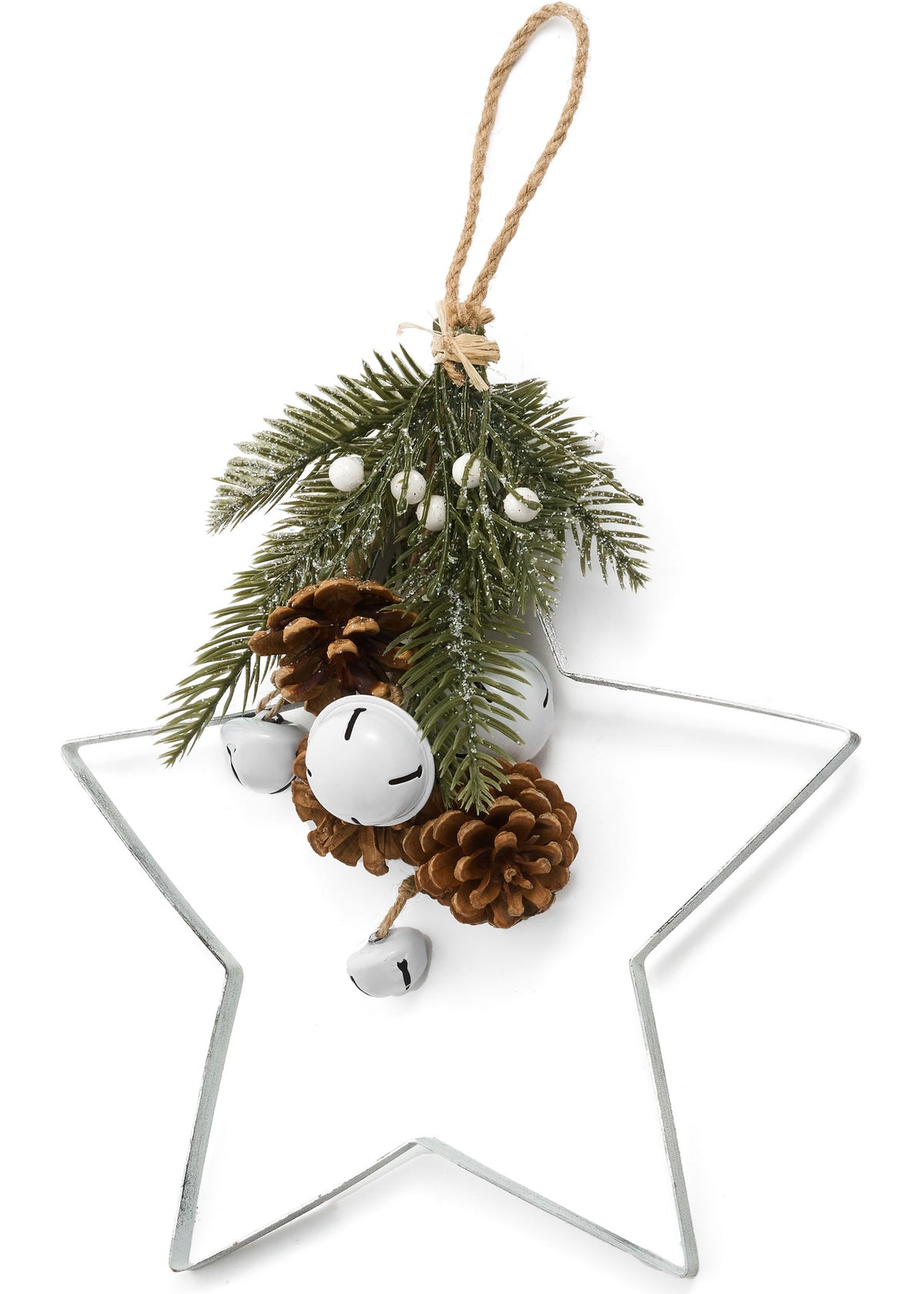 Star Ornament with Pinecone & Bell | Green, White & Natural