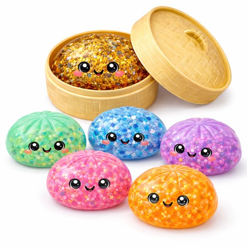 Squishy Dumpling Mystery DNA Filling in bamboo steamer basket