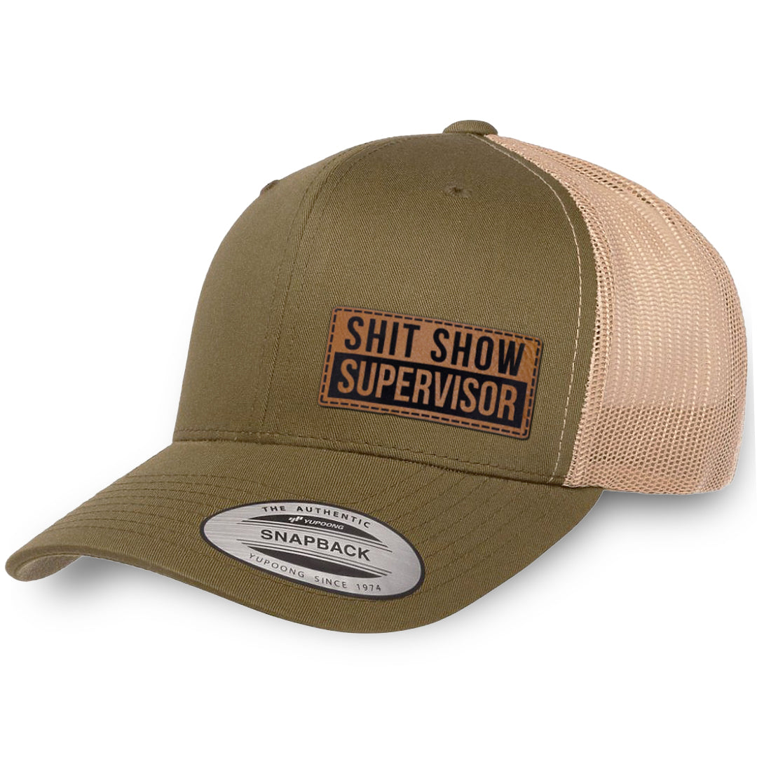 Moss / Khaki leather patch hat - Shit Show Supervisor