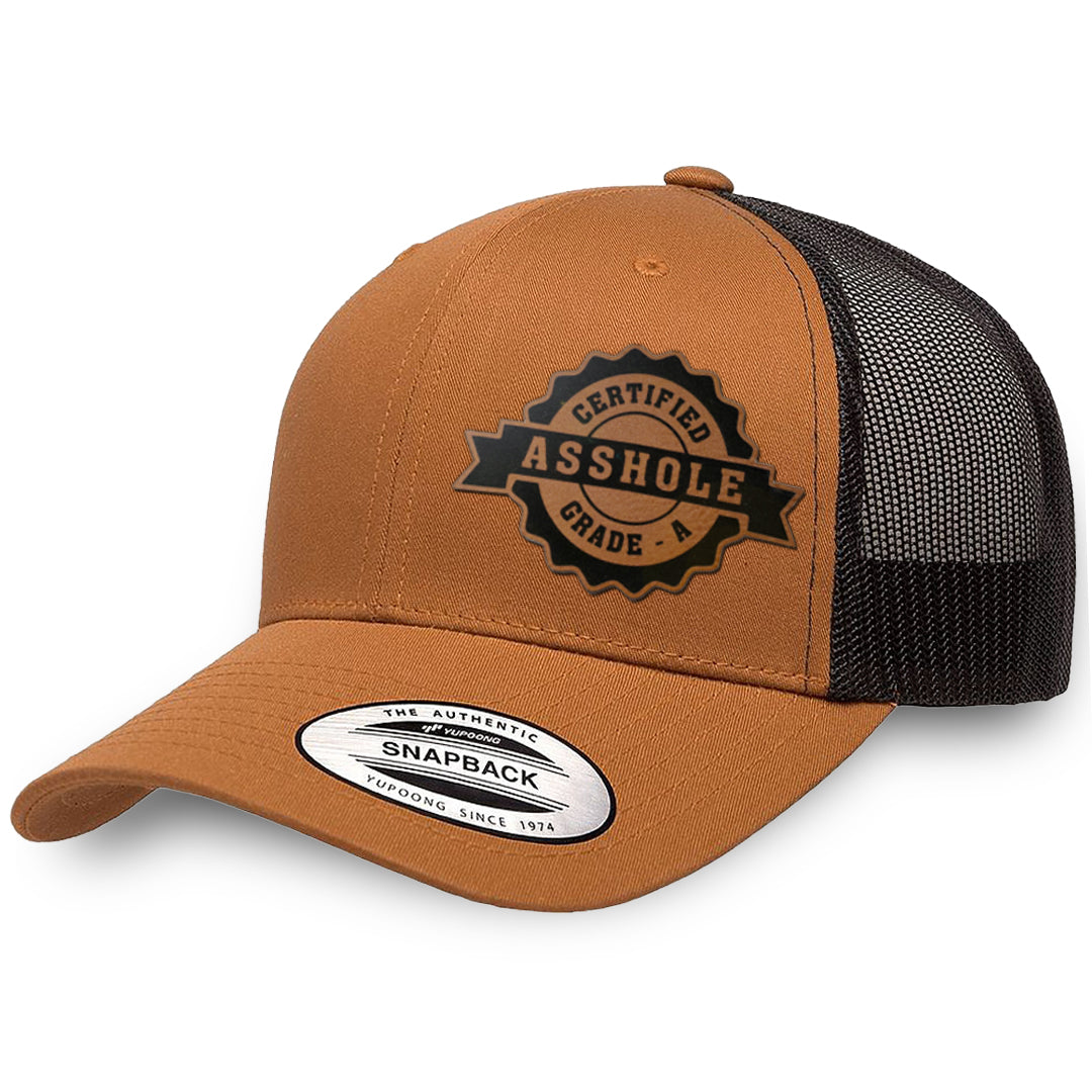 Caramel / Black leather patch hat - Certified Asshole