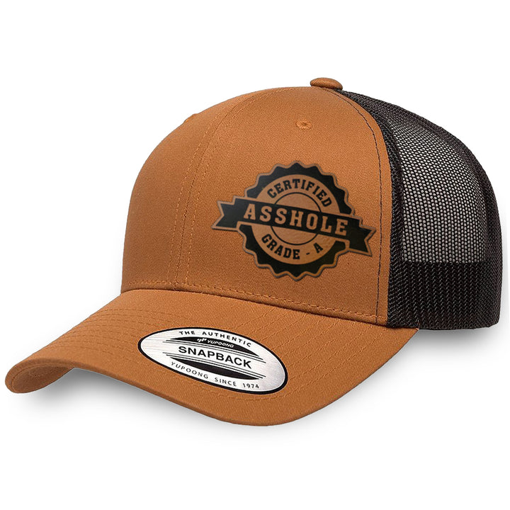 Caramel / Black leather patch hat - Certified Asshole