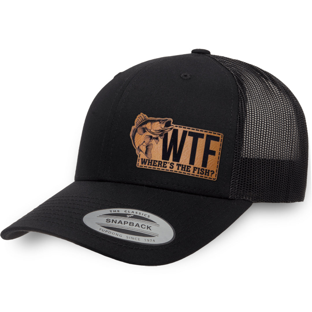 Black / Black leather patch hat - WTF Where's The Fish