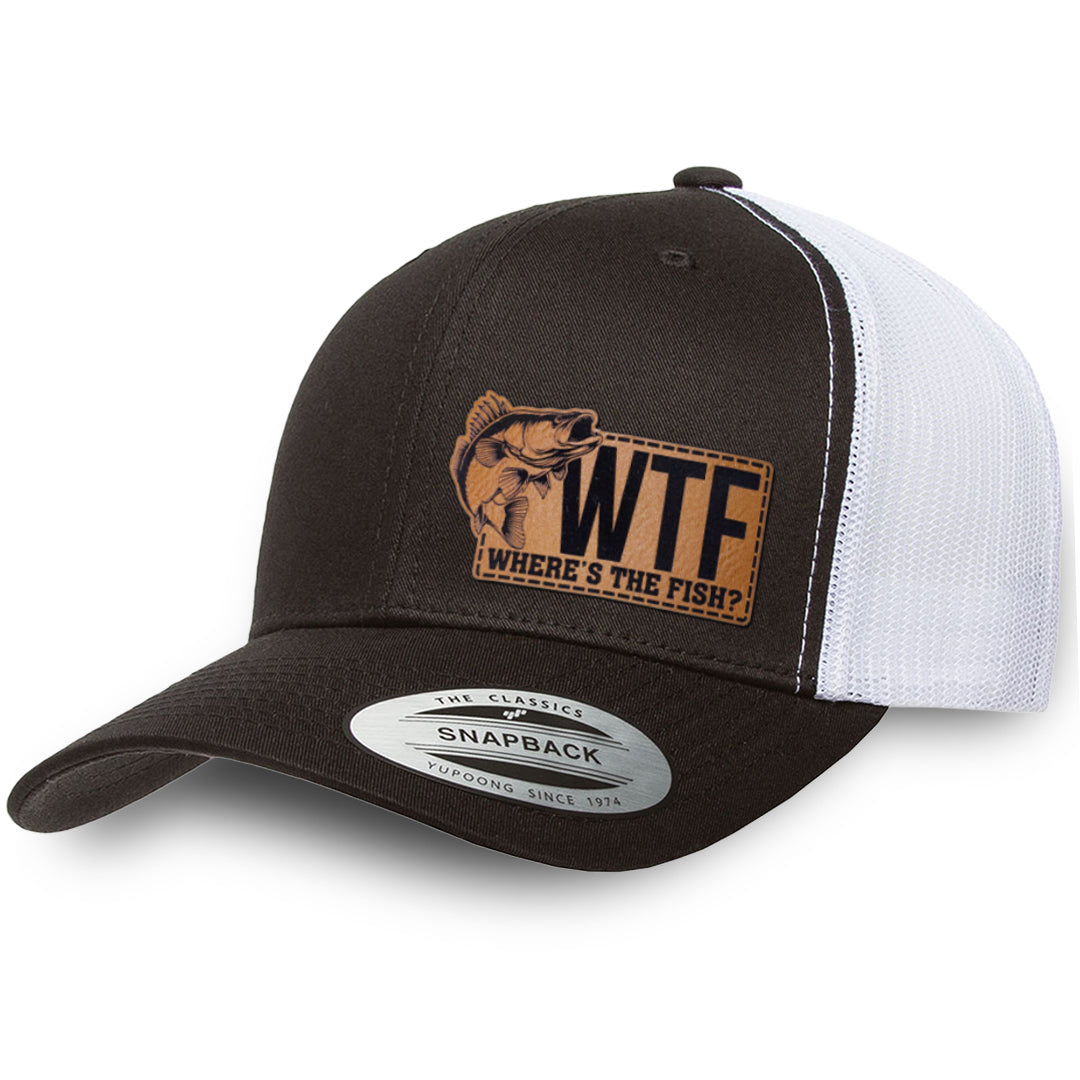 Black / White leather patch hat - WTF Where's The Fish