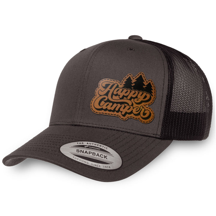 Charcoal / Black leather patch hat - Happy Camper