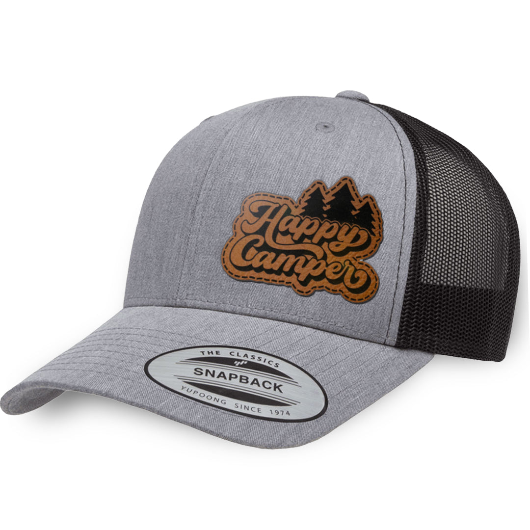Heather Gray / Black leather patch hat - Happy Camper