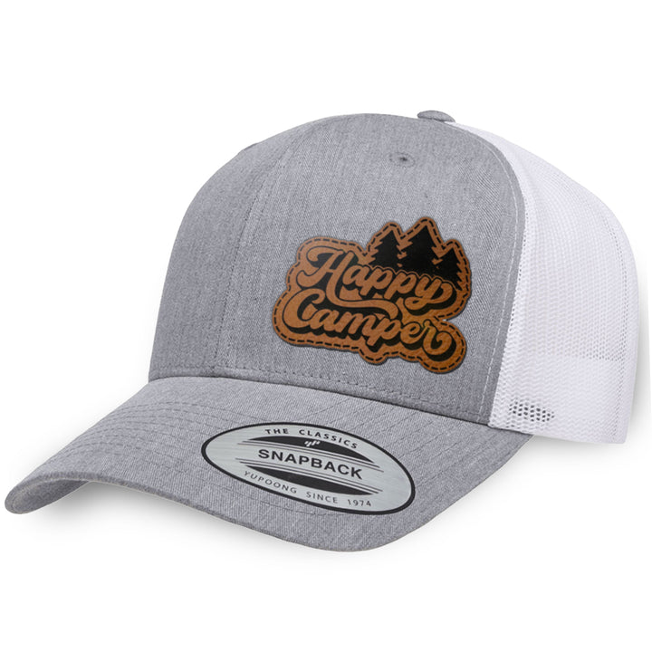 Heather Gray / White leather patch hat - Happy Camper