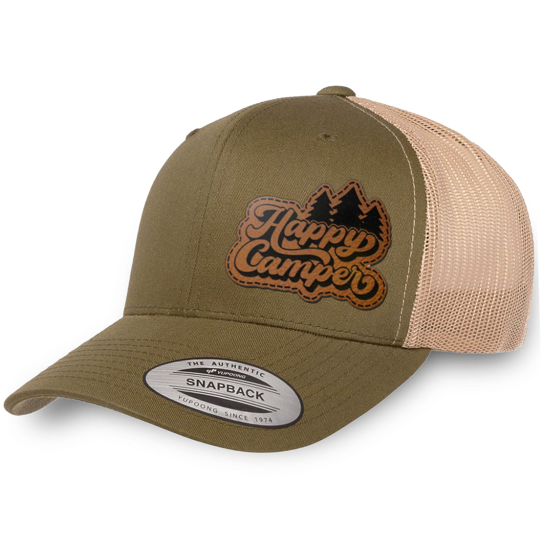 Moss / Khaki leather patch hat - Happy Camper