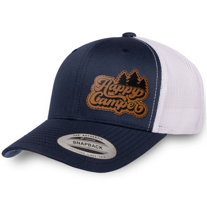Navy / White leather patch hat - Happy Camper