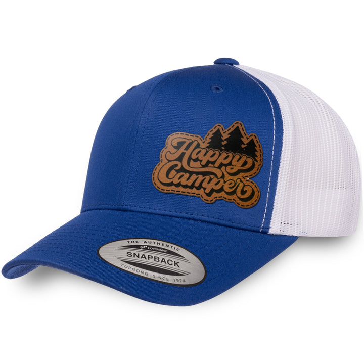 Royal Blue / White leather patch hat - Happy Camper