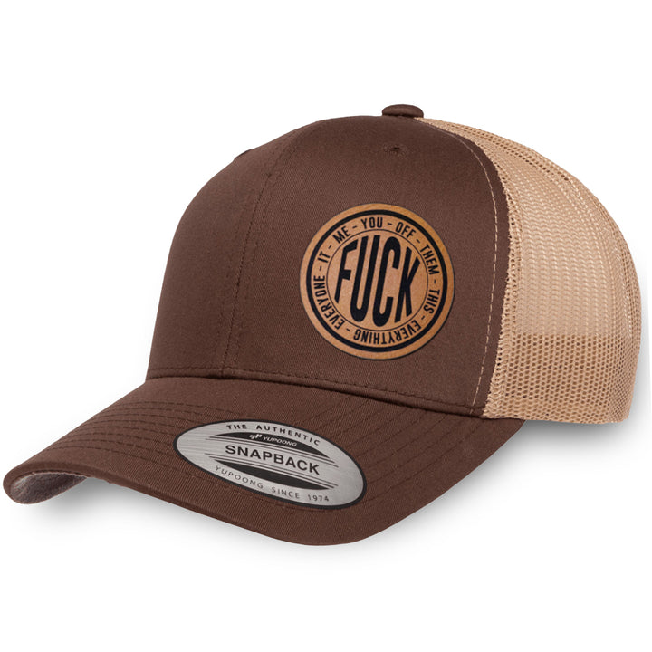 Brown / Khaki leather patch hat - Fuck Everything