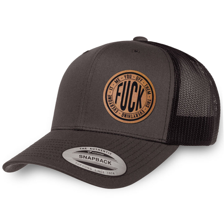 Charcoal / Black leather patch hat - Fuck Everything