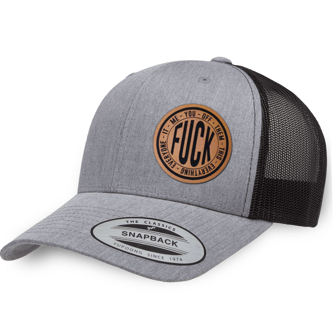Heather Gray / Black leather patch hat - Fuck Everything