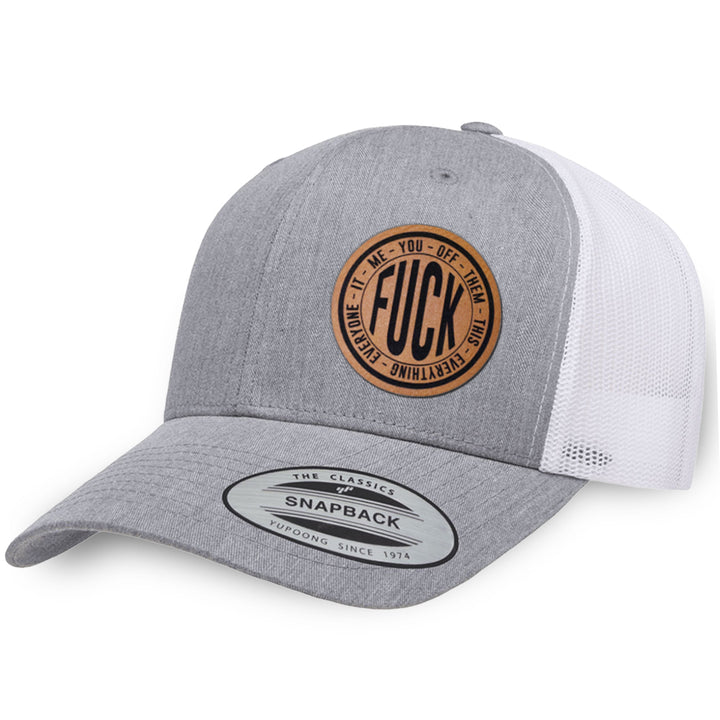 Heather Gray / White leather patch hat - Fuck Everything