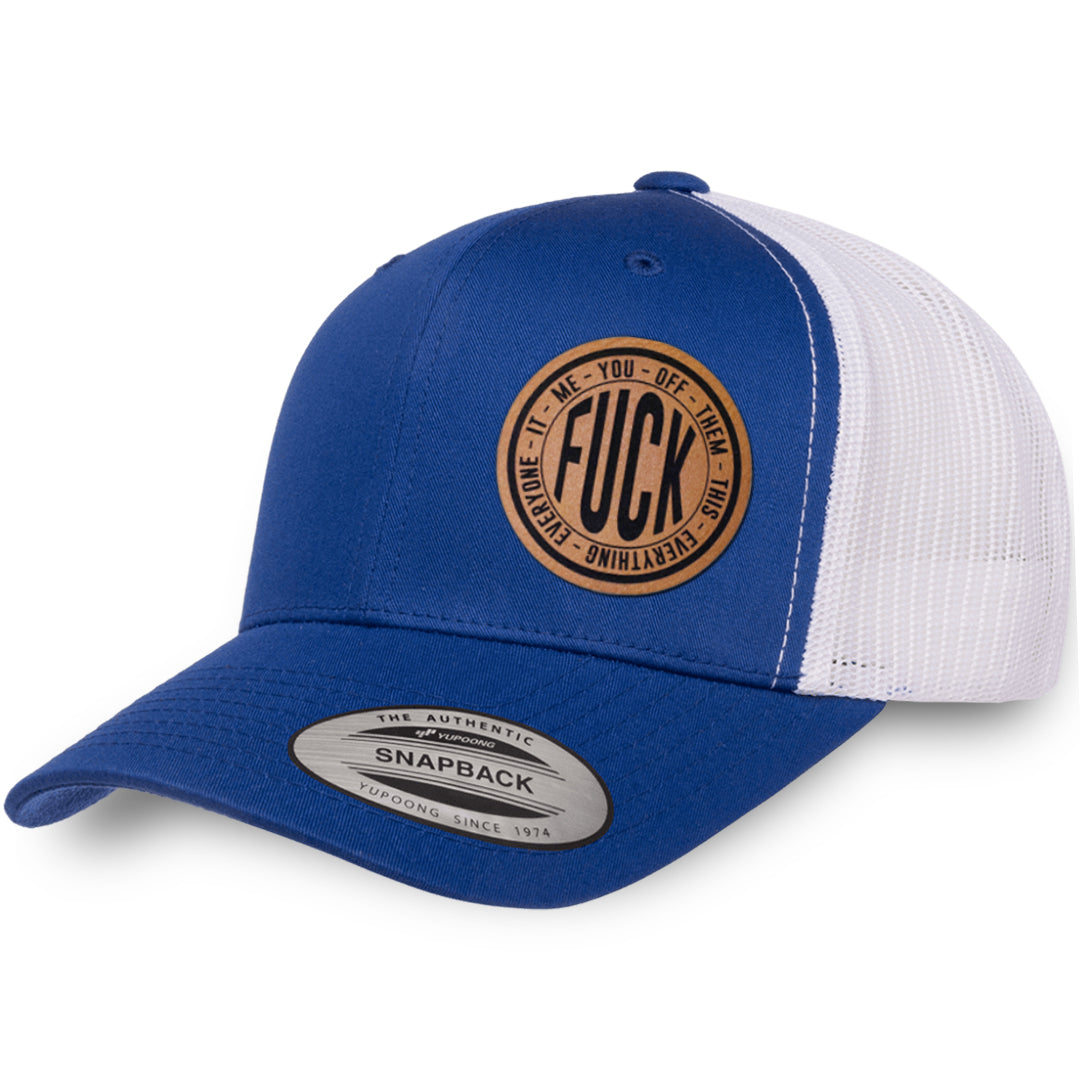 Royal Blue / White leather patch hat - Fuck Everything