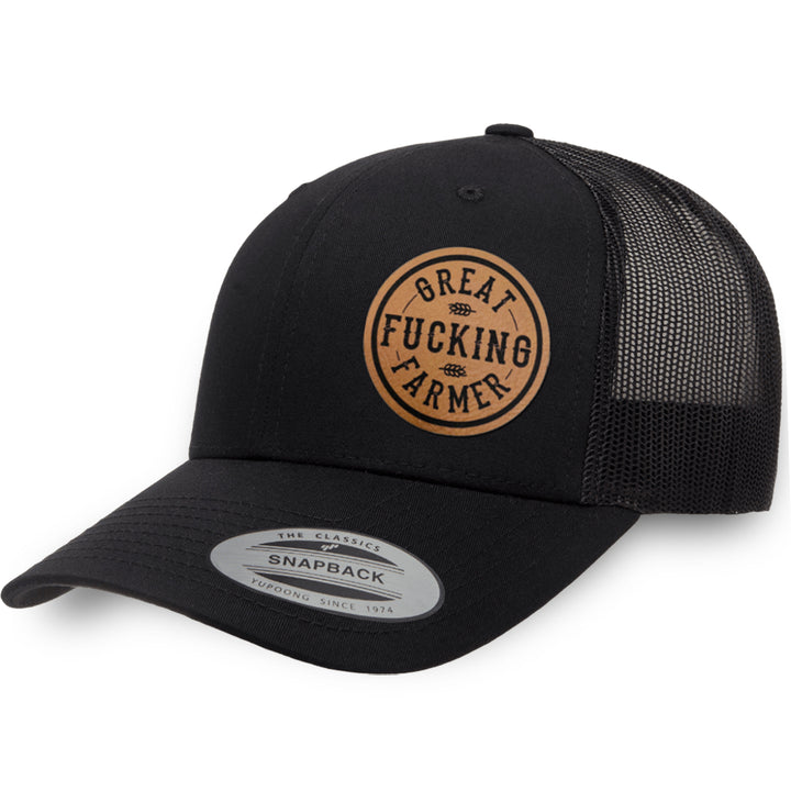 Black / Black leather patch hat - Great Fucking Farmer