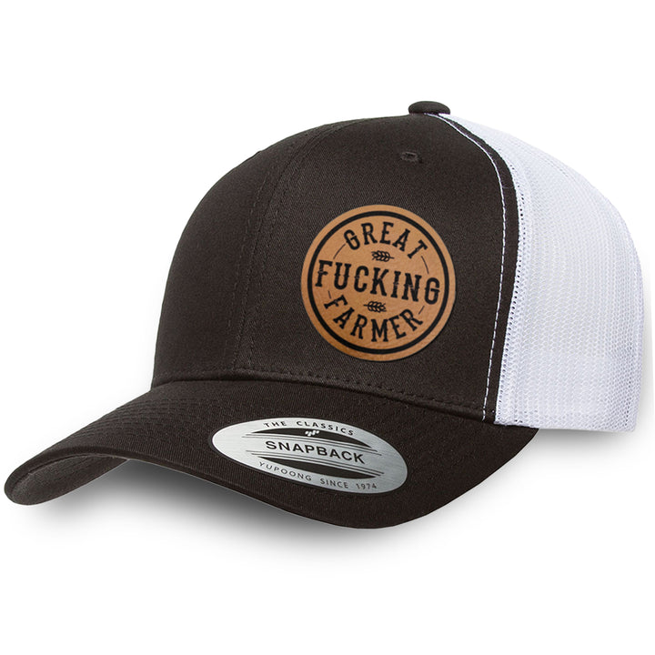 Black / White leather patch hat - Great Fucking Farmer
