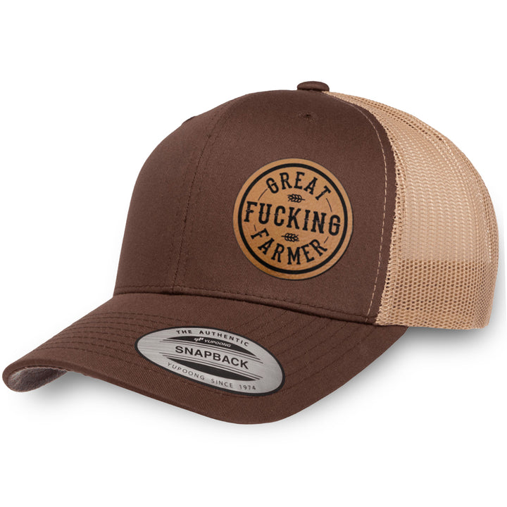 Brown / Khaki leather patch hat - Great Fucking Farmer