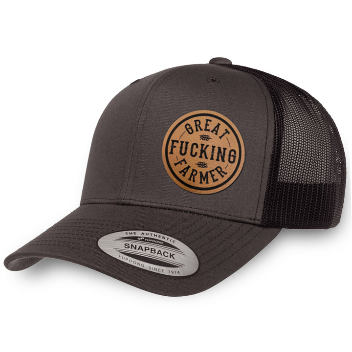 Charcoal / Black leather patch hat - Great Fucking Farmer