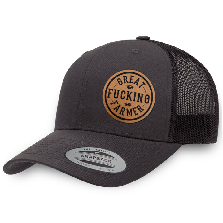 Charcoal / Charcoal leather patch hat - Great Fucking Farmer
