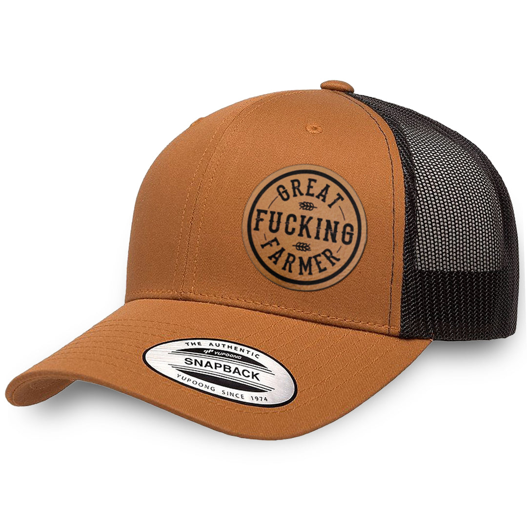 Caramel / Black leather patch hat - Great Fucking Farmer