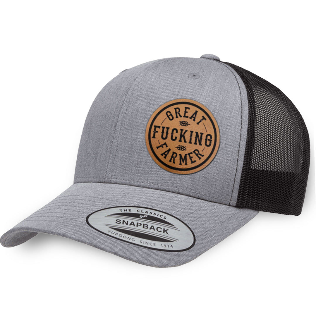 Heather Gray / Black leather patch hat - Great Fucking Farmer
