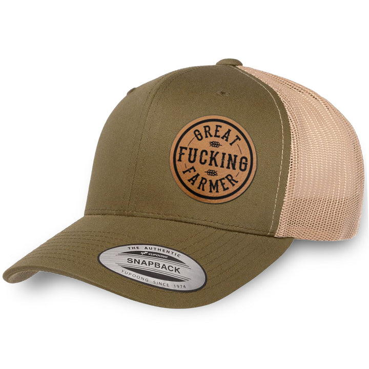 Moss / Khaki leather patch hat - Great Fucking Farmer