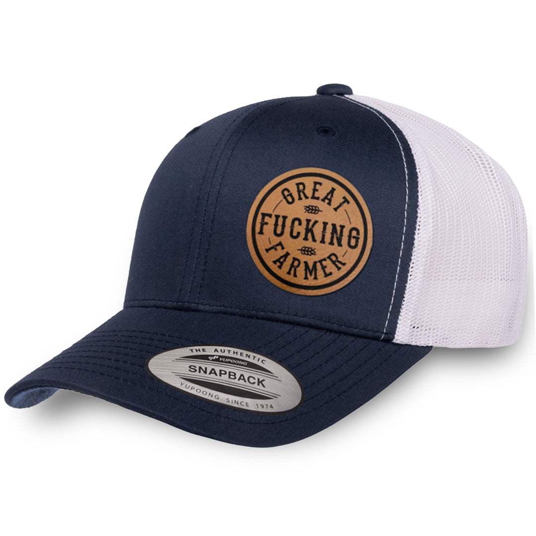 Navy / White leather patch hat - Great Fucking Farmer