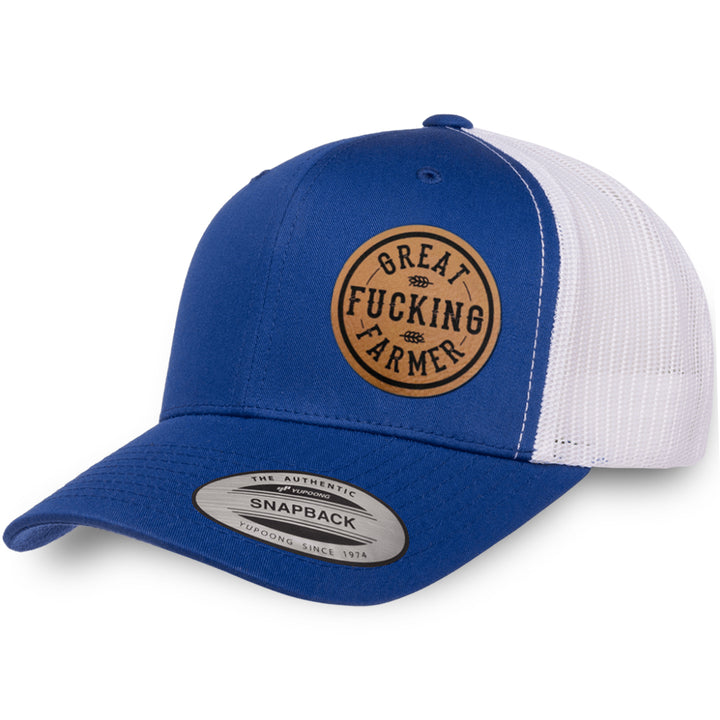 Royal Blue / White leather patch hat - Great Fucking Farmer