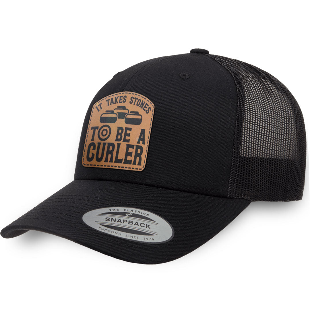 Black / Black leather patch hat - It Takes Stones To Be A Curler