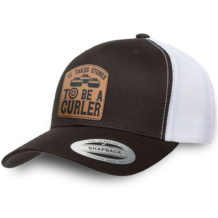 Black / White leather patch hat - It Takes Stones To Be A Curler