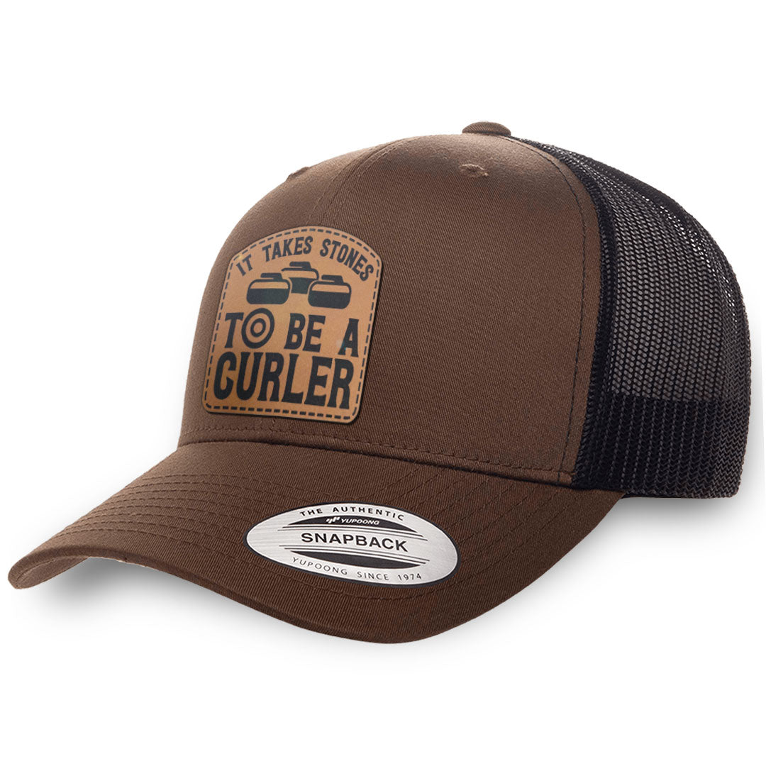 Brown / Black leather patch hat - It Takes Stones To Be A Curler
