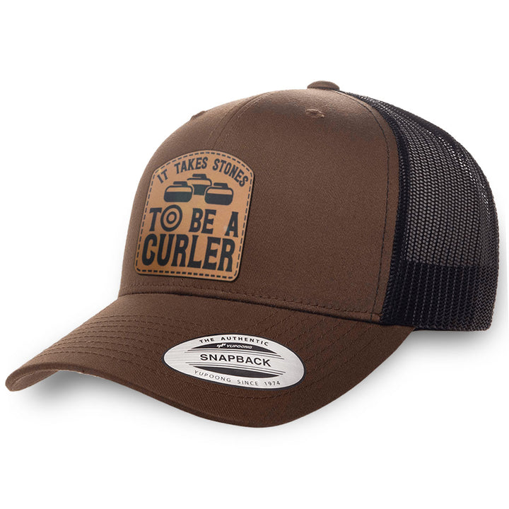 Brown / Black leather patch hat - It Takes Stones To Be A Curler