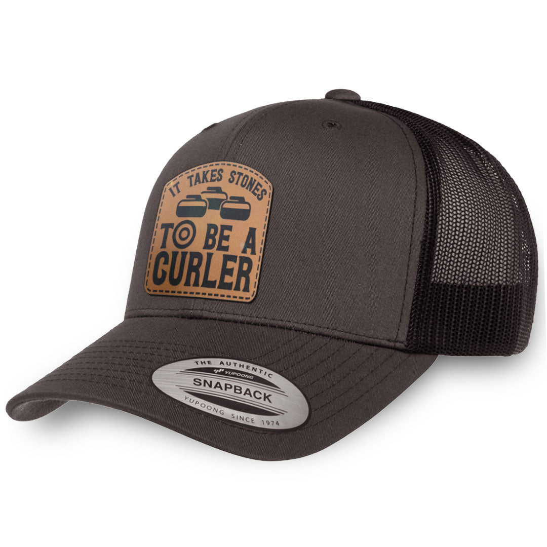 Charcoal / Black leather patch hat - It Takes Stones To Be A Curler