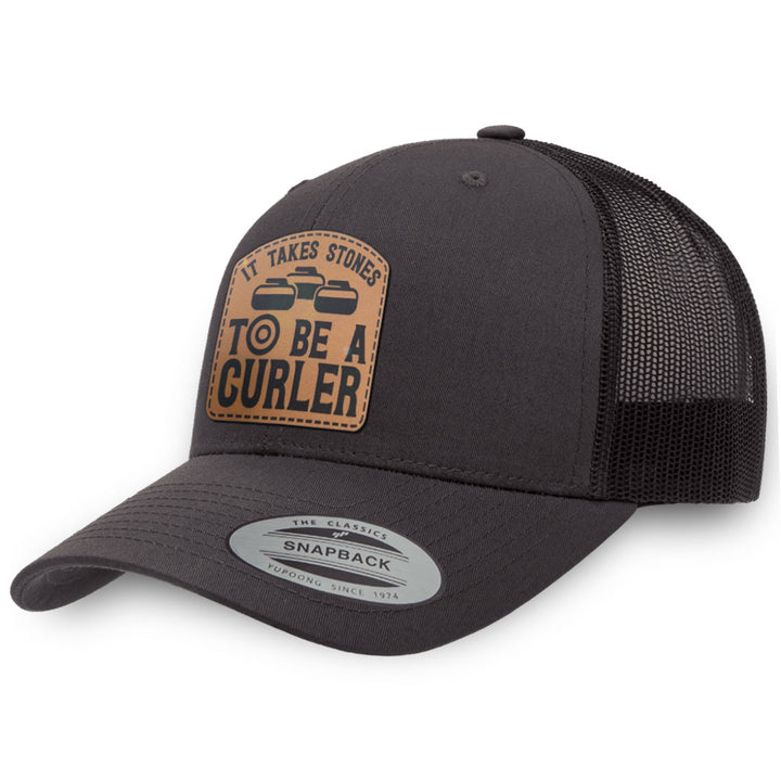 Charcoal / Charcoal leather patch hat - It Takes Stones To Be A Curler
