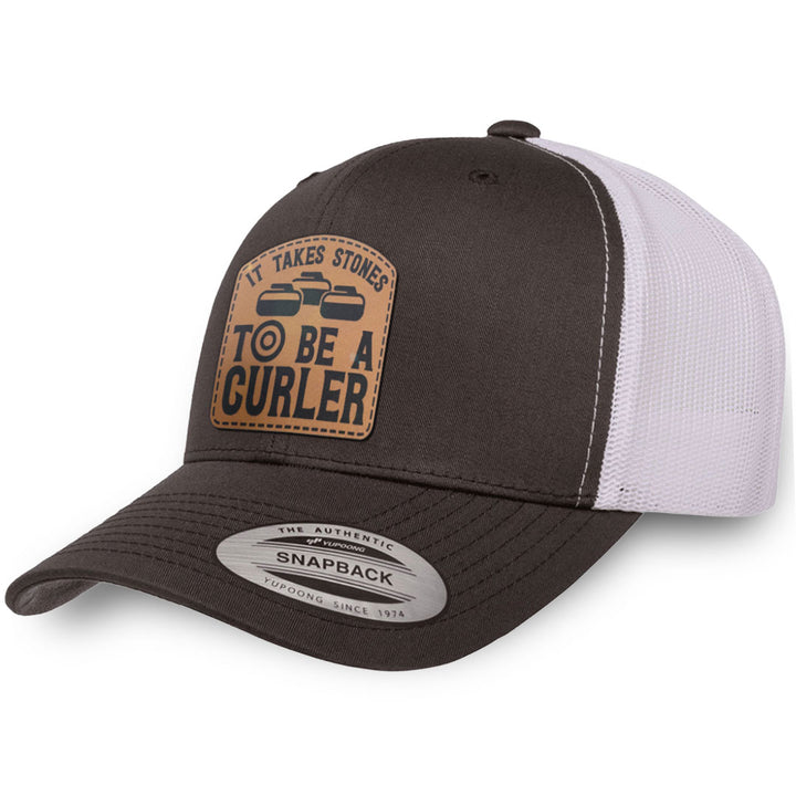 Charcoal / White leather patch hat - It Takes Stones To Be A Curler