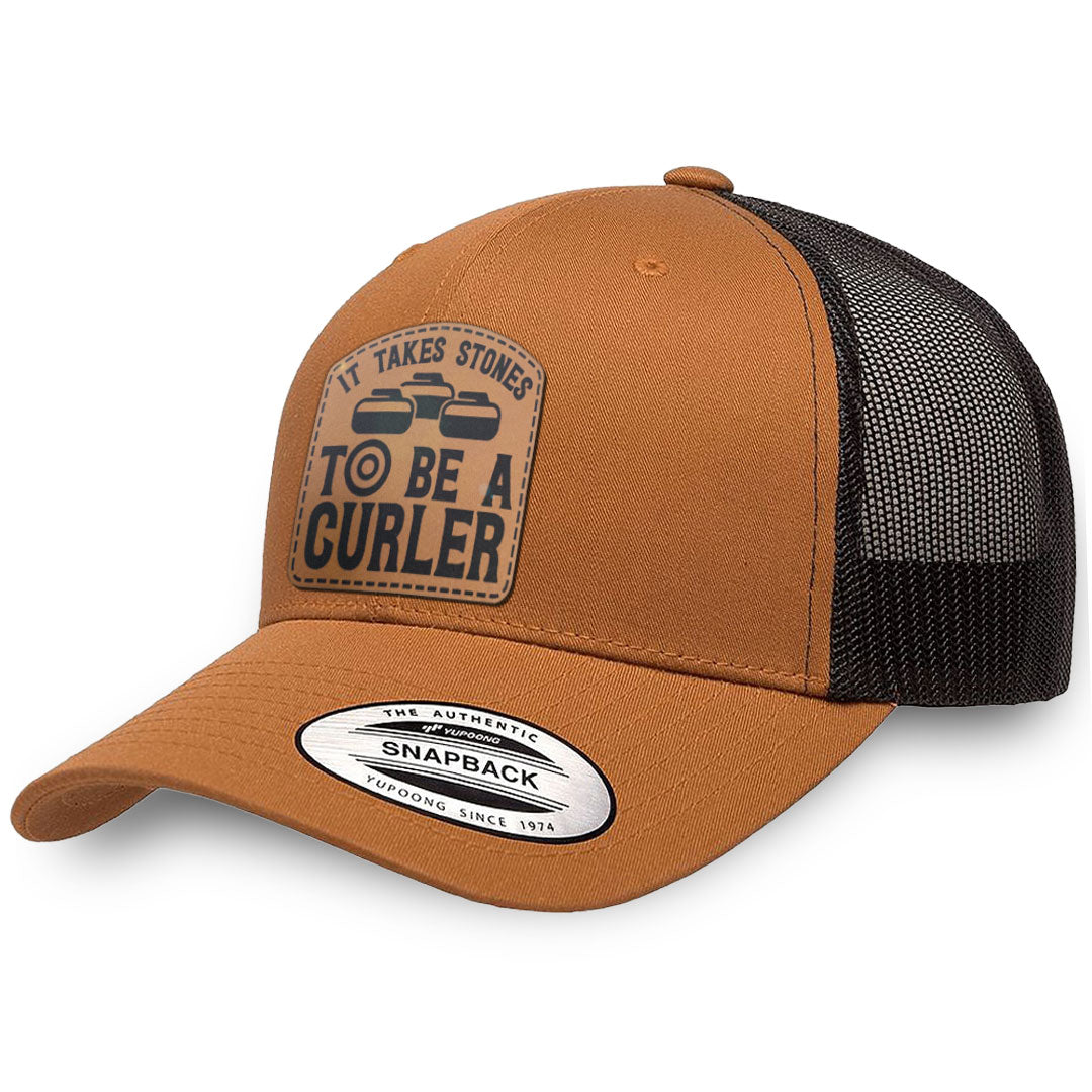 Caramel / Black leather patch hat - It Takes Stones To Be A Curler