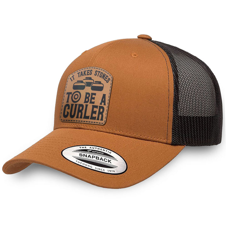 Caramel / Black leather patch hat - It Takes Stones To Be A Curler