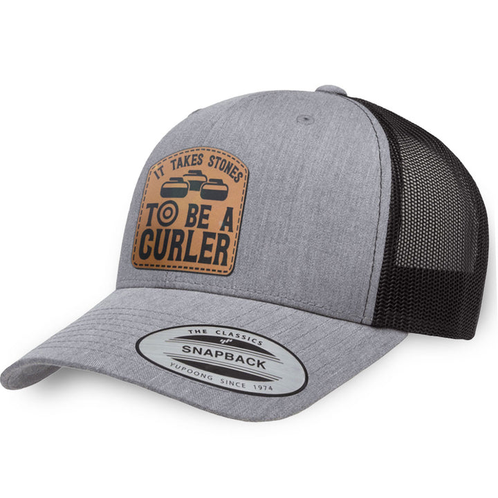 Heather Gray / Black leather patch hat - It Takes Stones To Be A Curler