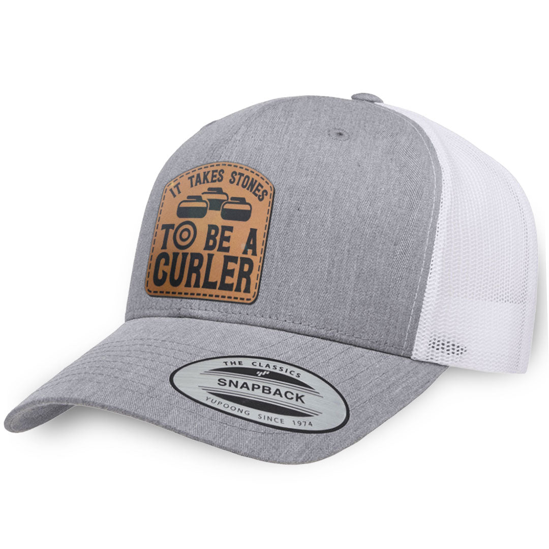 Heather Gray / White leather patch hat - It Takes Stones To Be A Curler