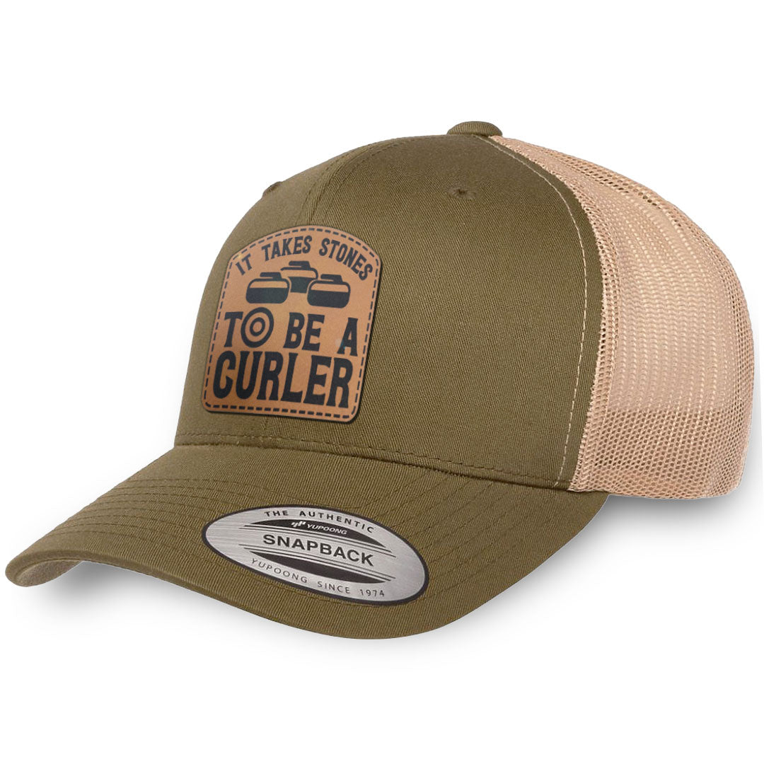 Moss / Khaki leather patch hat - It Takes Stones To Be A Curler