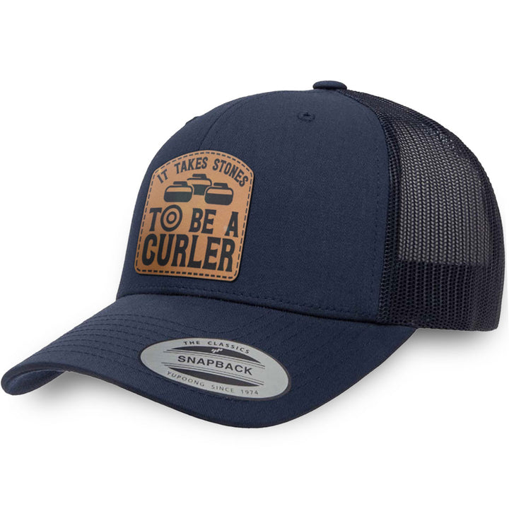 Navy / Navy leather patch hat - It Takes Stones To Be A Curler