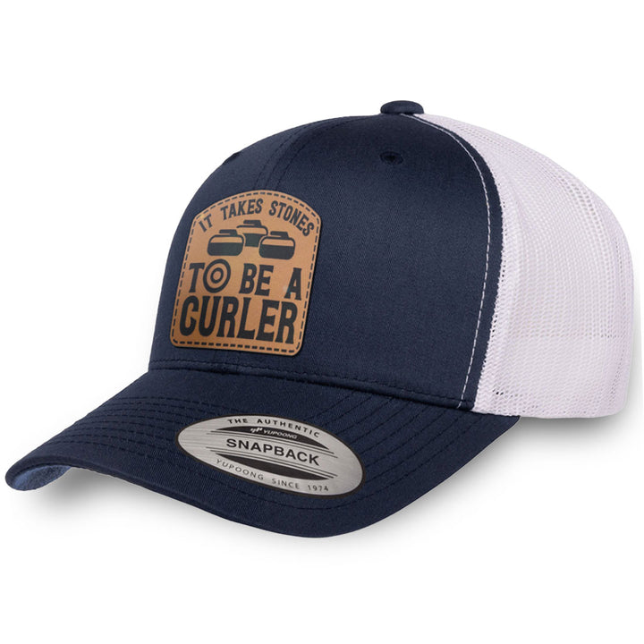 Navy / White leather patch hat - It Takes Stones To Be A Curler