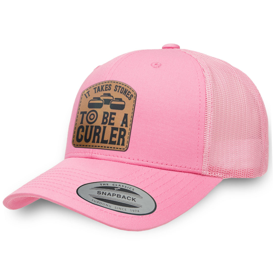 Pink / Pink leather patch hat - It Takes Stones To Be A Curler