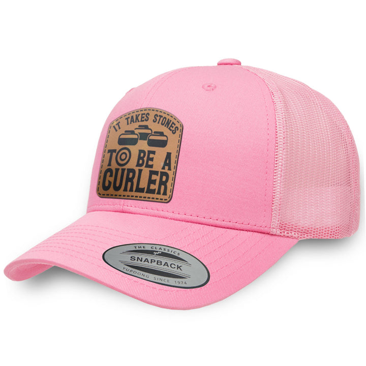 Pink / Pink leather patch hat - It Takes Stones To Be A Curler