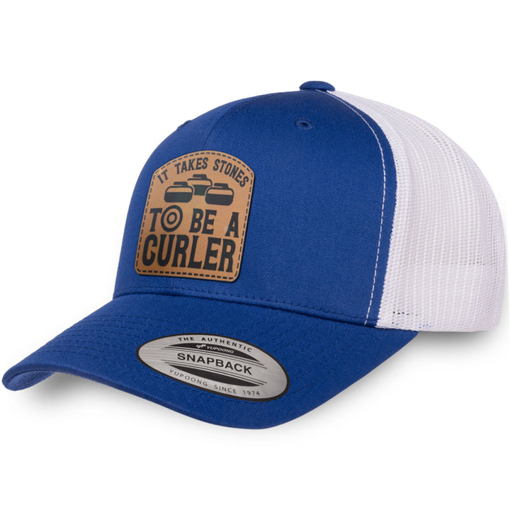 Royal Blue / White leather patch hat - It Takes Stones To Be A Curler