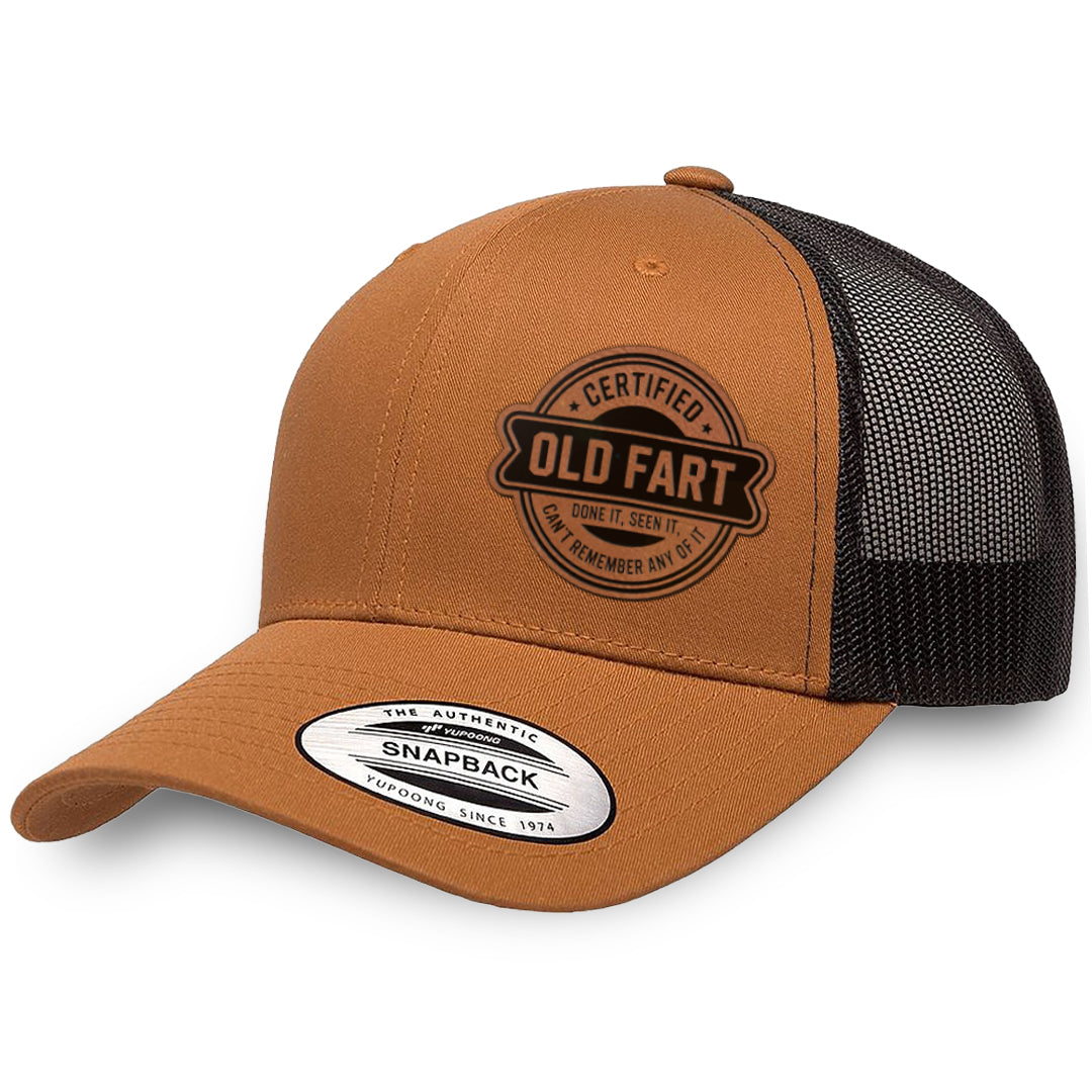 Caramel / Black leather patch hat - Certified Old Fart