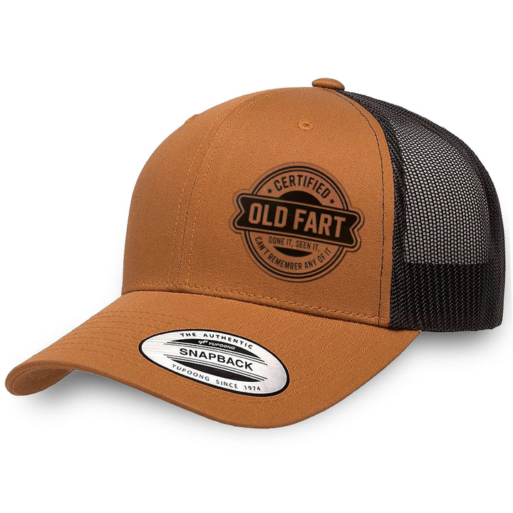 Caramel / Black leather patch hat - Certified Old Fart